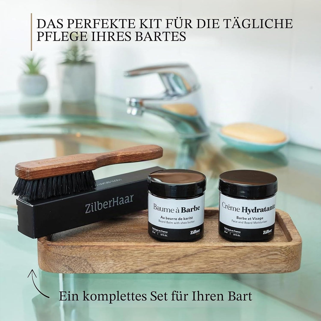 ZilberHaar - Bartpflege-Set für Männer - 1 Bartbürste Regular + 1 Bartbalsam + 1 Feuchtigkeitscreme