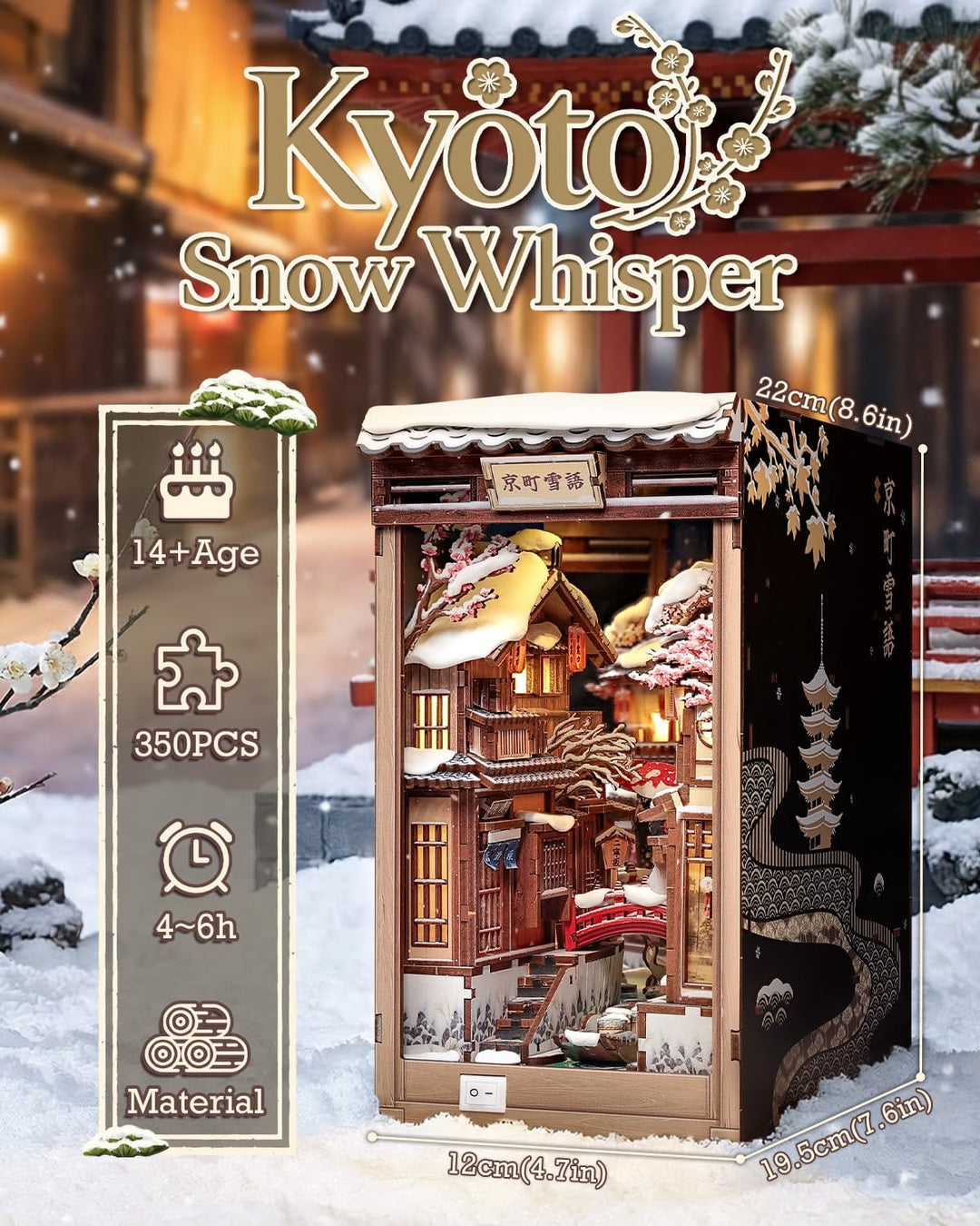 CUTEBEE Book Nook Kit - Japanischer Stil DIY Miniatur-Winterhaus, LED-beleuchtetes Buchregal-Deko Ga