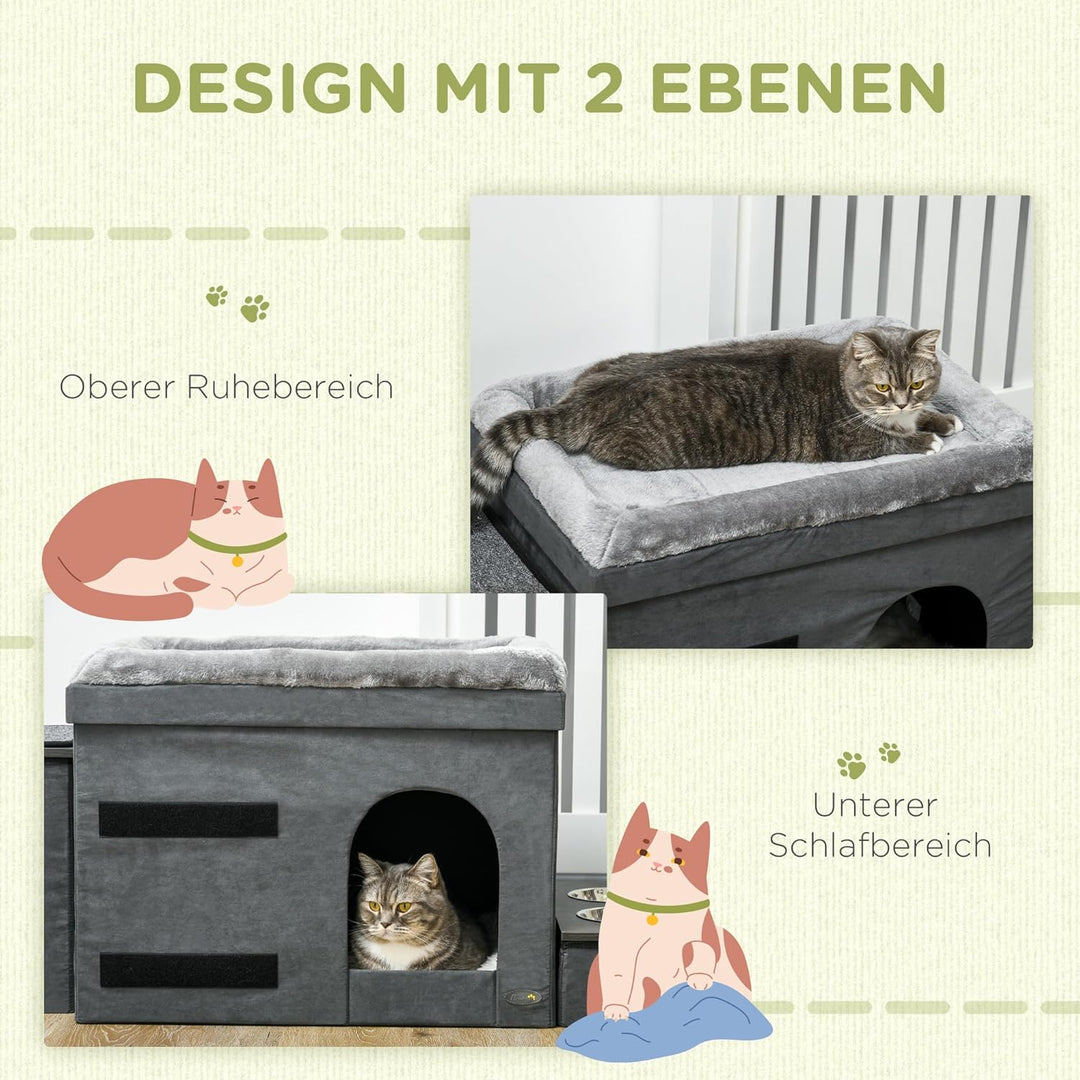 PawHut Katzenhöhle Katzenbett mit Kissen, Treppe, 2 Edelstahlnäpfen, Trennwand, Liegefläche, Katzenh