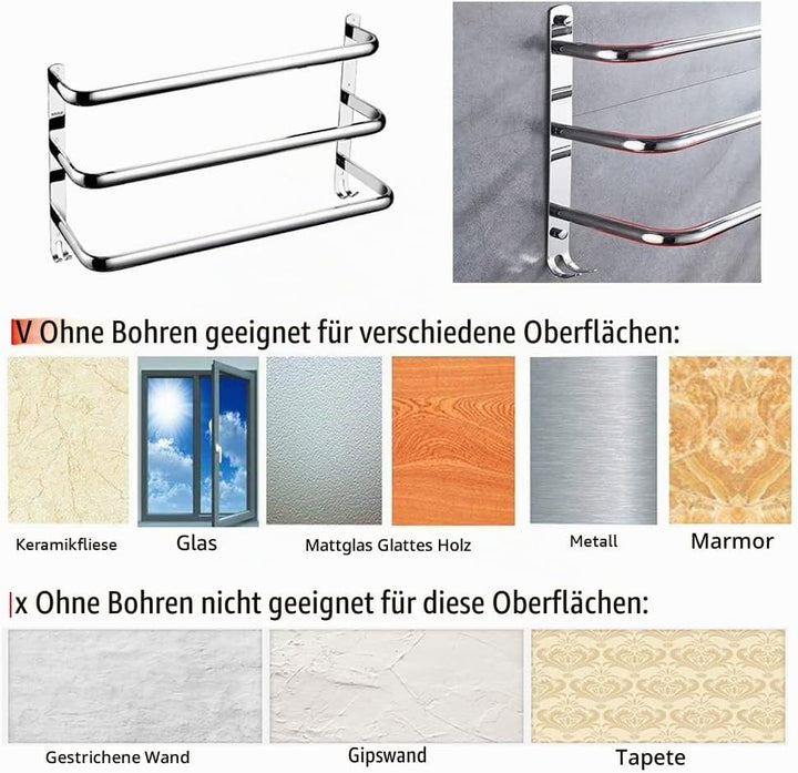 Yeegout No Drill 3-Tiers Handtuchhalter Edelstahl-Handtuchhalter für Bad Küche und Toilette (Silber)