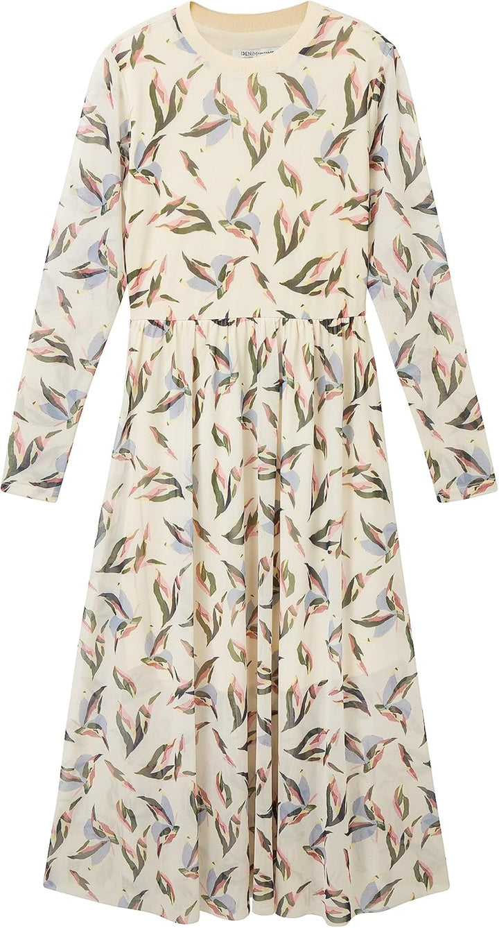TOM TAILOR Denim Damen Mesh Kleid mit Muster S 27463-cream Abstract Print, S 27463-cream Abstract Pr