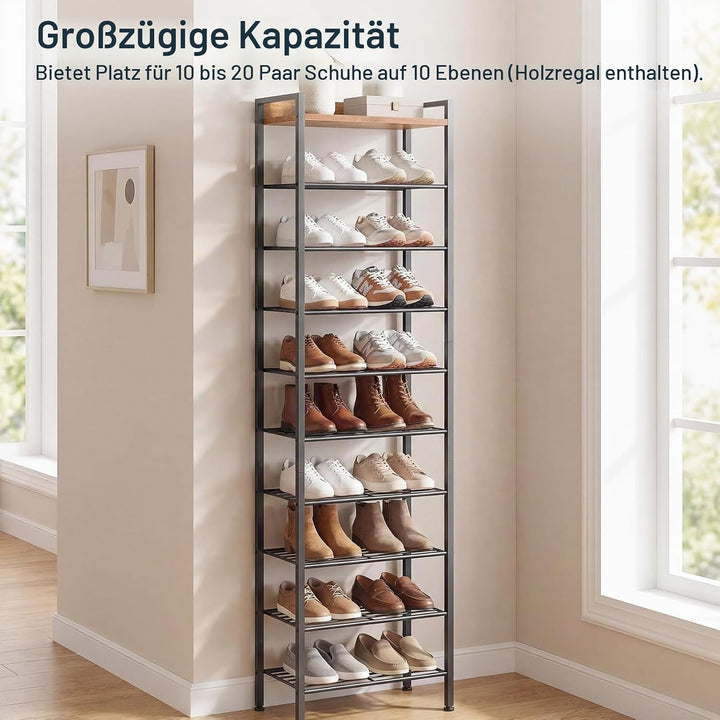 HOOBRO Schuhregal mit 10 Ablagen, schmale Schuhablage, Schuhschrank, Schuhorganizer mit herausnehmba