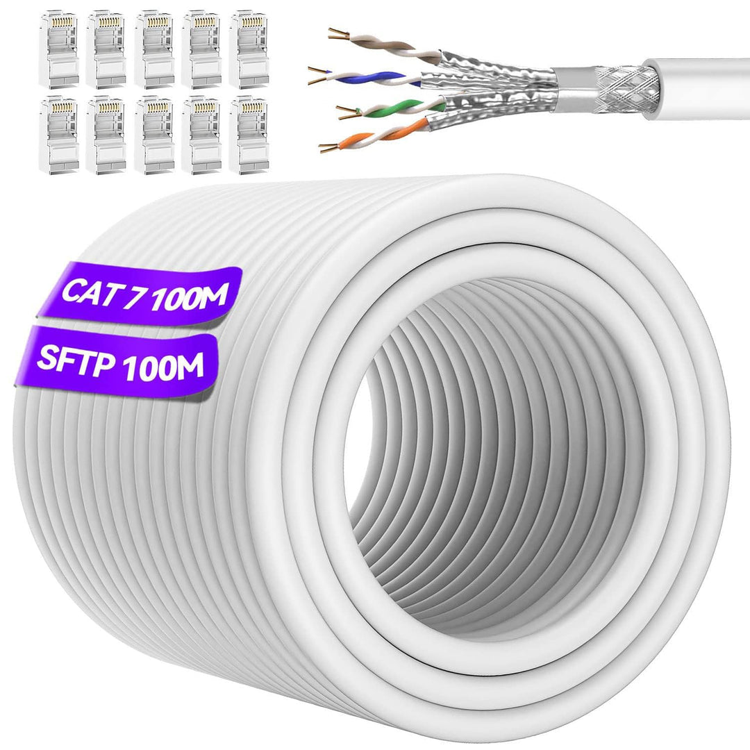 Lan Kabel 100 Meter, Cat 7 Netzwerkkabel Weiss, Cat 7 Ethernet Kabel Rund, RJ45 Kabel Hochgeschwindi