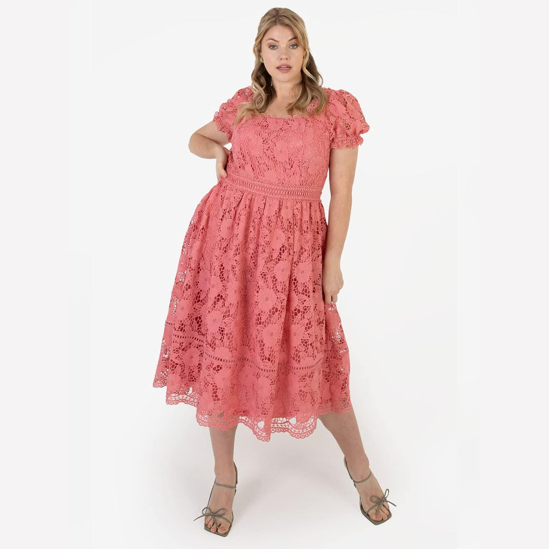 Lovedrobe Damen Ladies Lace Midi Sun Dress Plus Size Women Curve Short Puffed Sleeve Square Neckline