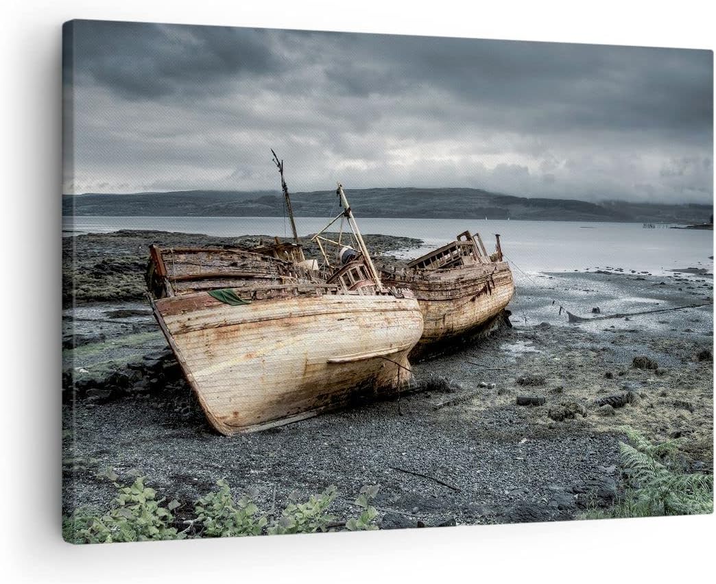 Bilder auf Leinwand Boot Wrack Ufer Leinwandbild mit Rahmen 70x50cm Wandbilder Dekoration Wohnzimmer