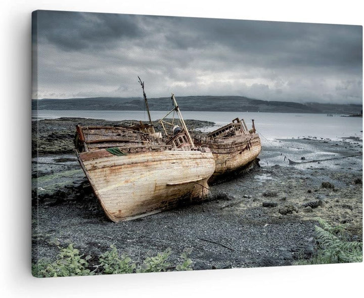 Bilder auf Leinwand Boot Wrack Ufer Leinwandbild mit Rahmen 70x50cm Wandbilder Dekoration Wohnzimmer