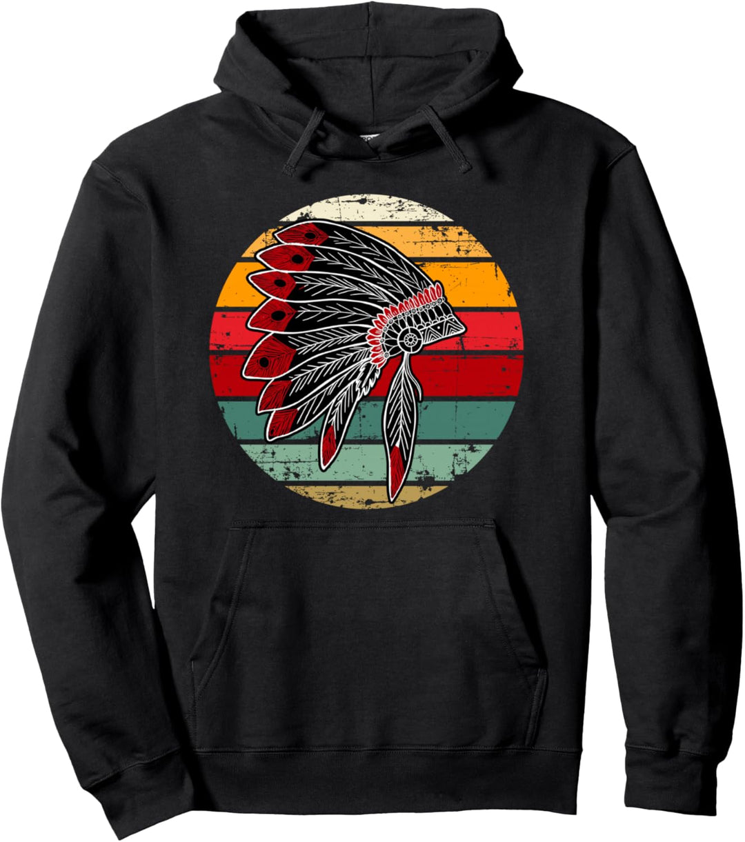Retro Native American Feather Headdress | Indian Chief Pullover Hoodie