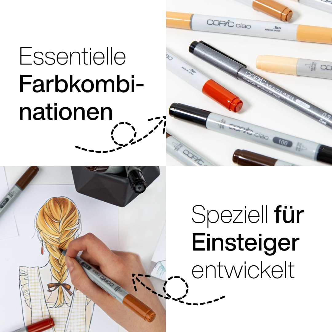 COPIC Ciao Marker Set 5+1 Hair Tones 1, Blisterpackung mit 5 Markern + 1 Multiliner 0,3 mm, für Skiz