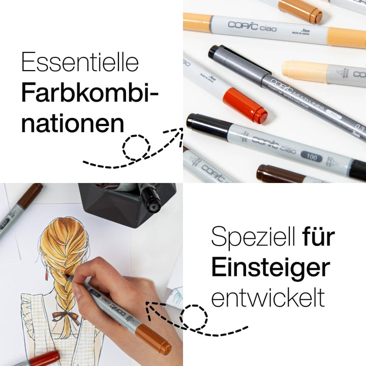 COPIC Ciao Marker Set 5+1 Hair Tones 1, Blisterpackung mit 5 Markern + 1 Multiliner 0,3 mm, für Skiz