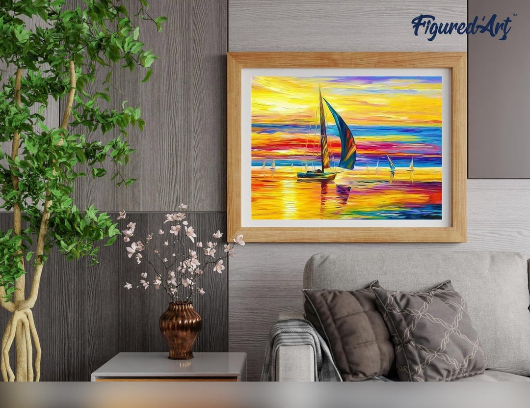 Figured'Art Malen Nach Zahlen Erwachsene Mit Rahmen Meeresufer und Sonnenuntergang - Paint by Number