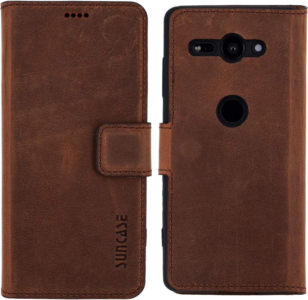 Suncase Book-Style kompatibel für Sony Xperia XZ2 Compact Hülle (Slim-Fit) Leder Tasche Handytasche