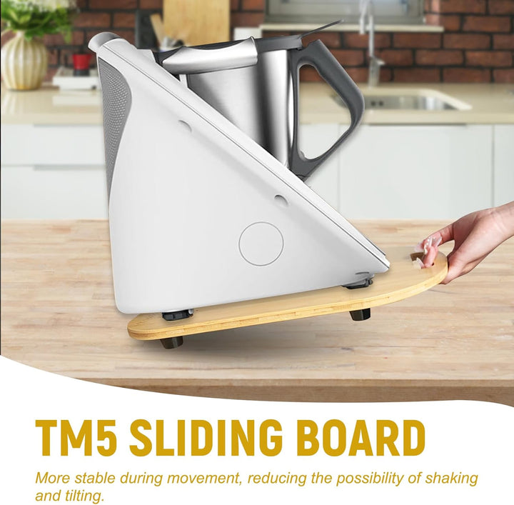 Gleitbrett für Thermomix TM6/TM5, Bambus Unterlegbrett mit Rollen & Handgriff, Schiebebrett Zubehör