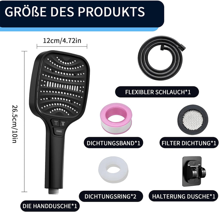 Duschkopf mit Schlauch und Wandhalterung – 8-stufige Duschbrause mit 4 Tasten, Hochdruck Handbrause