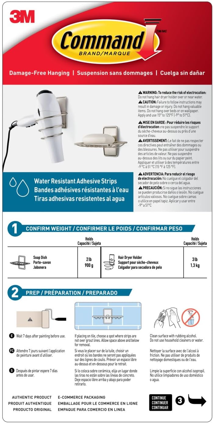 Command Haartrocknerhalter für das Bad, Satin Nickel, wasserbeständige Klebestreifen - 1 Haartrockne