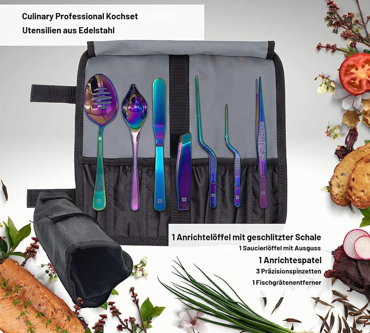 DOJA Barcelona | Kueche Chef Kochutensilien | Farbe: Regenbogen | 7 Utensilien Edelstahl Plating Kit