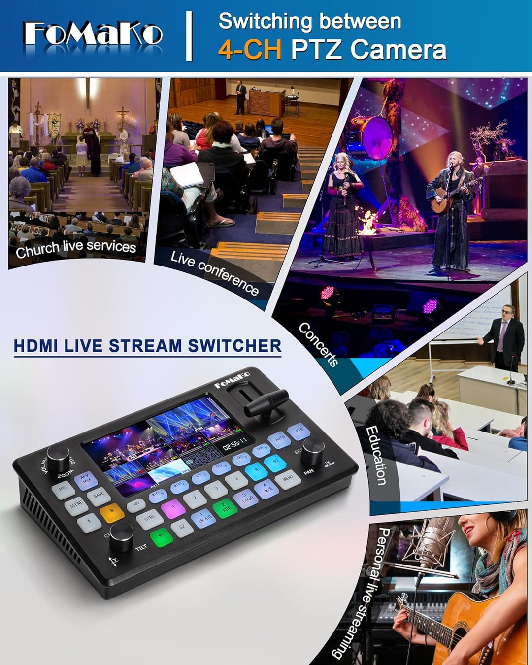 FoMaKo Video Switcher HDMI 4-Kanal für Multikameras, Video Mixer mit 5.5-Zoll LCD Bildschim, 1080P 6