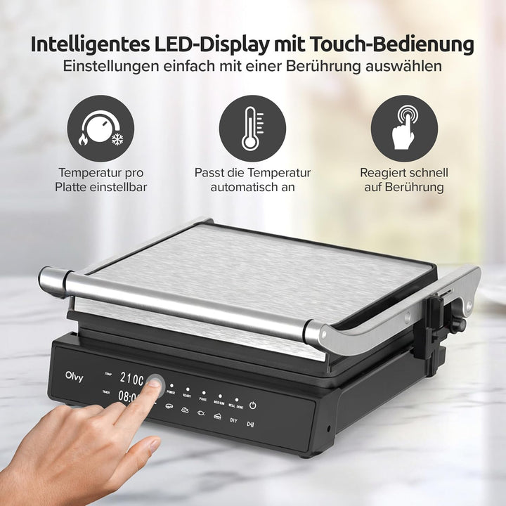 Olvy Kontaktgrill mit Touchscreen – PFAS-frei – 5 Automatische Programme – 180° Öffnung, 2000 W – Ab