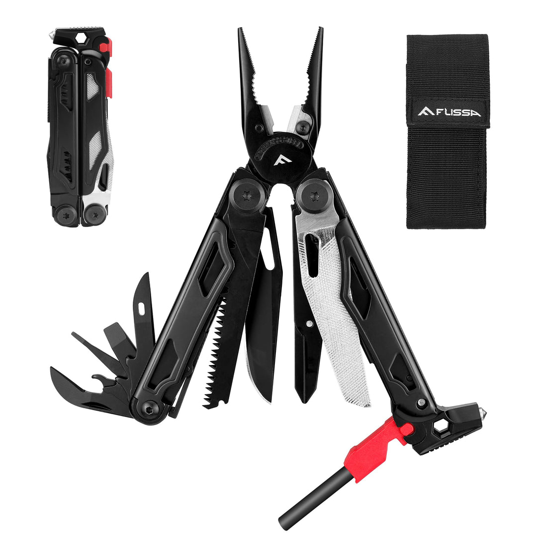 FLISSA Multifunktionszange 19-in-1, Multitool mit Glasbrecher und Feuerstarter, Faltbares Multifunkt
