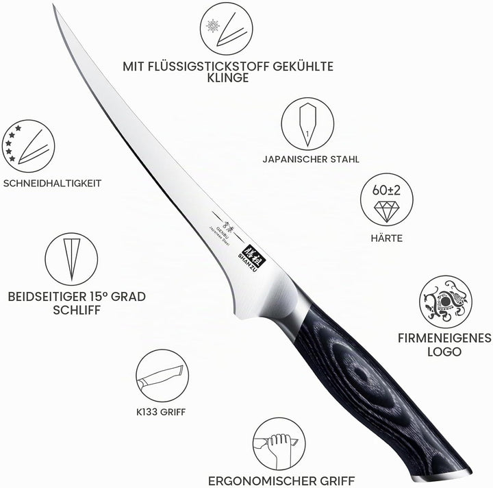SHAN ZU Filetiermesser Ausbeinmesser 18CM Profi Scharf fischmesser Fischfiletmesser aus Japanischer
