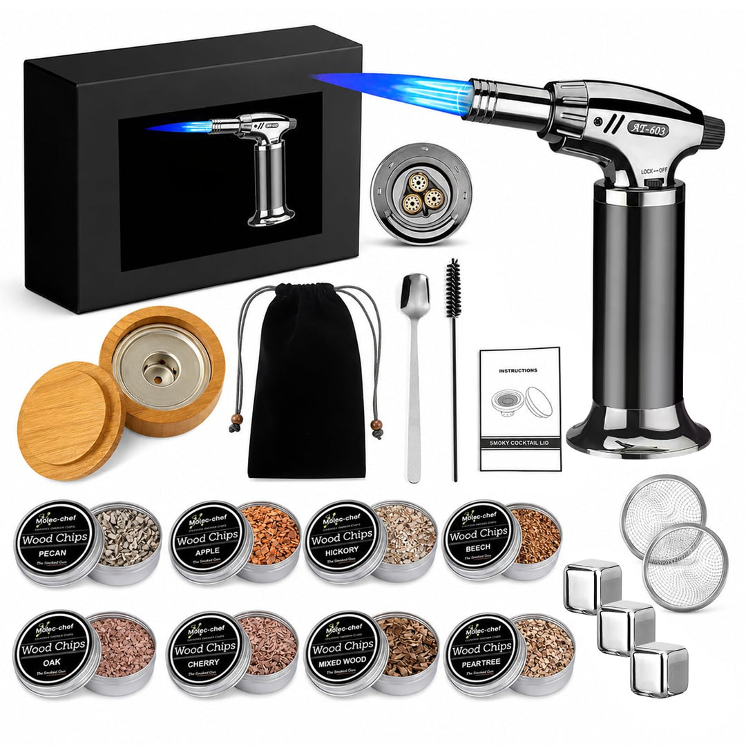 Whisky-Räucherset mit Fackel, Cocktail Räucher-Set mit 8 Holzsorten & Zubehör Drink Räucher-Kit für