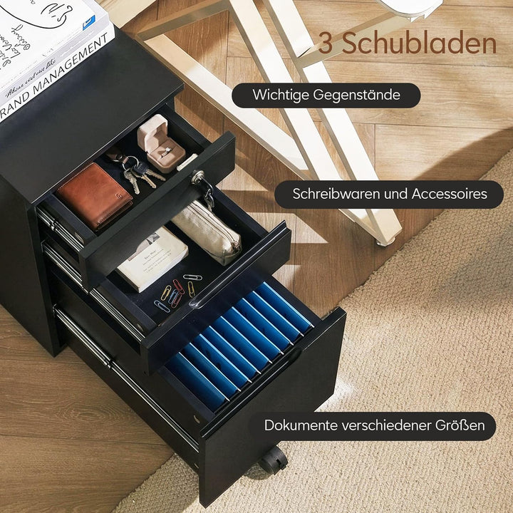 TUKAILAI Rollcontainer abschliessbar mit 3 Schubladen Mobiler Aktenschrank Holz auf Rollen und Haken