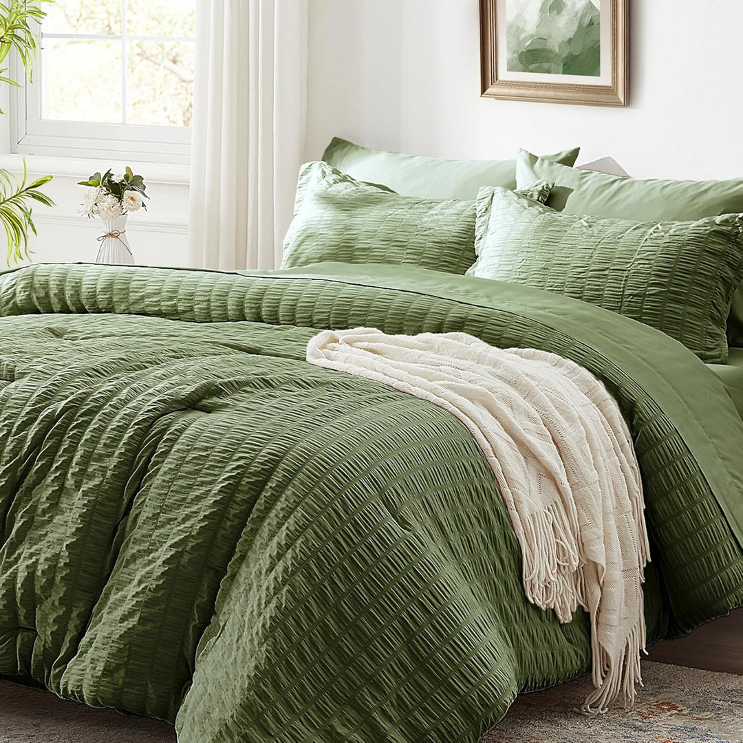 Zzlpp Queen-Bettwäsche-Set, 7-teilig, olivgrün, Seersucker-Bett in Einer Tasche mit Bettdecke und Be