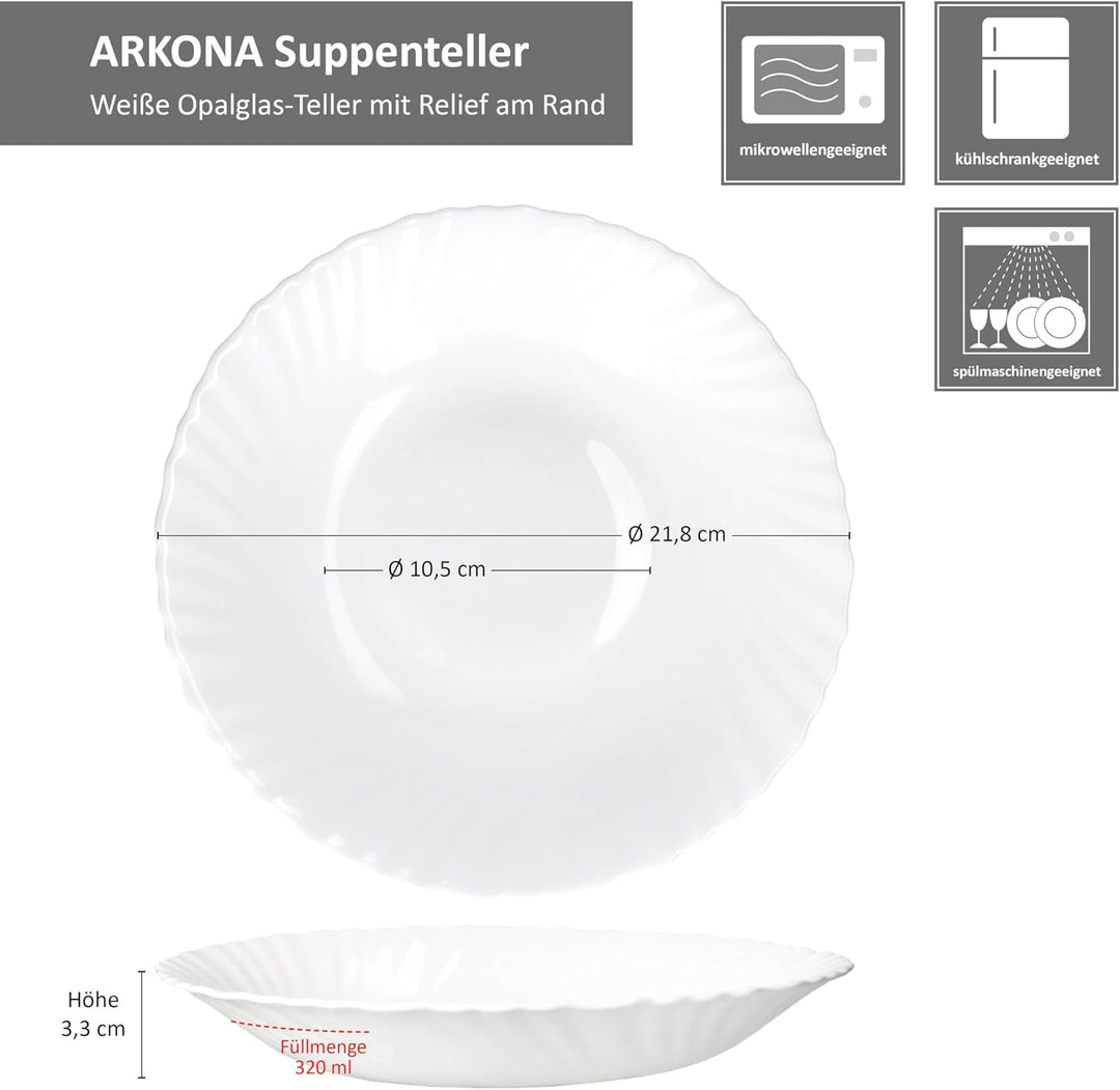 MamboCat 6er Set Suppenteller Arkona I 320ml, Ø 21,8 cm I weisse Tiefe Opalglas-Pastateller mit fein