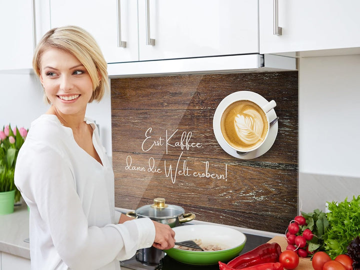 GRAZDesign Spritzschutz Küchenrückwand Glas Küche für Herd & Küchenspüle, Kaffee Holz braun Spruch -