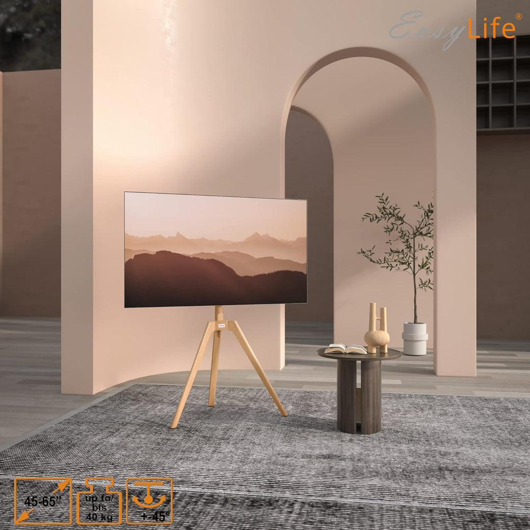 EasyLife - TV Stativ Holz Staffelei Tripod - Studio TV Stand bis 65'' Zoll & 40 kg Fernseher/Monitor