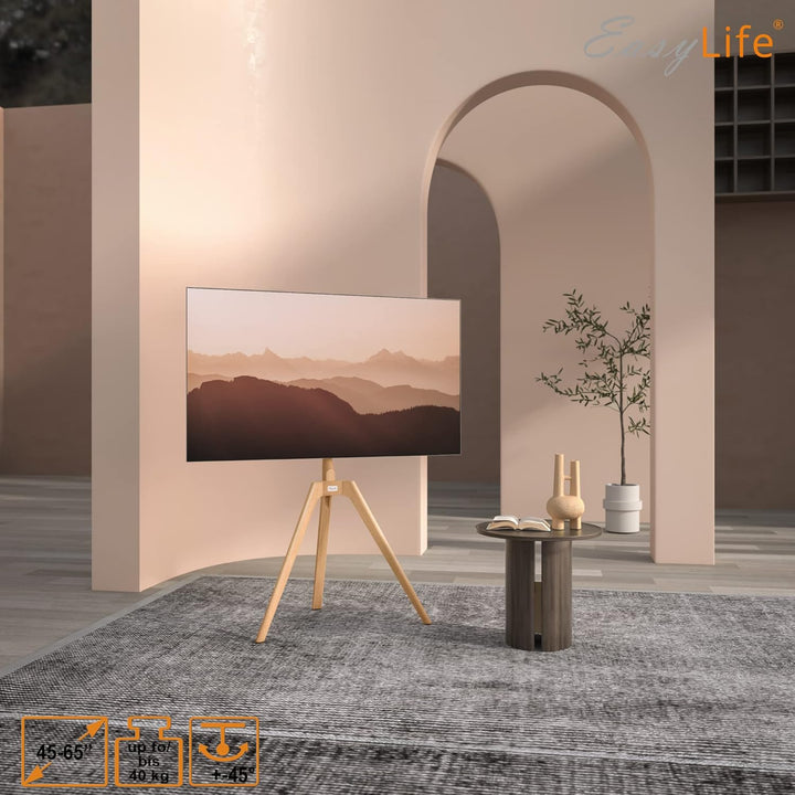 EasyLife - TV Stativ Holz Staffelei Tripod - Studio TV Stand bis 65'' Zoll & 40 kg Fernseher/Monitor