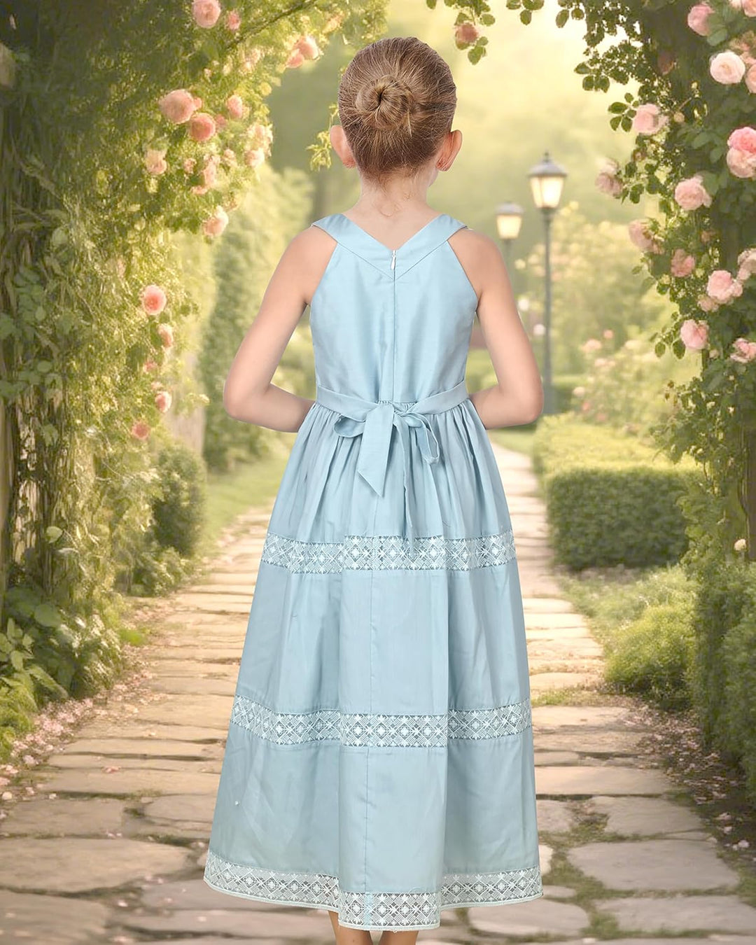 Sunny Fashion Mädchen Kleid Blume Schnüren Saum Hochzeit Erstkommunion Gr. 110-158 122 Blaue Spitze,