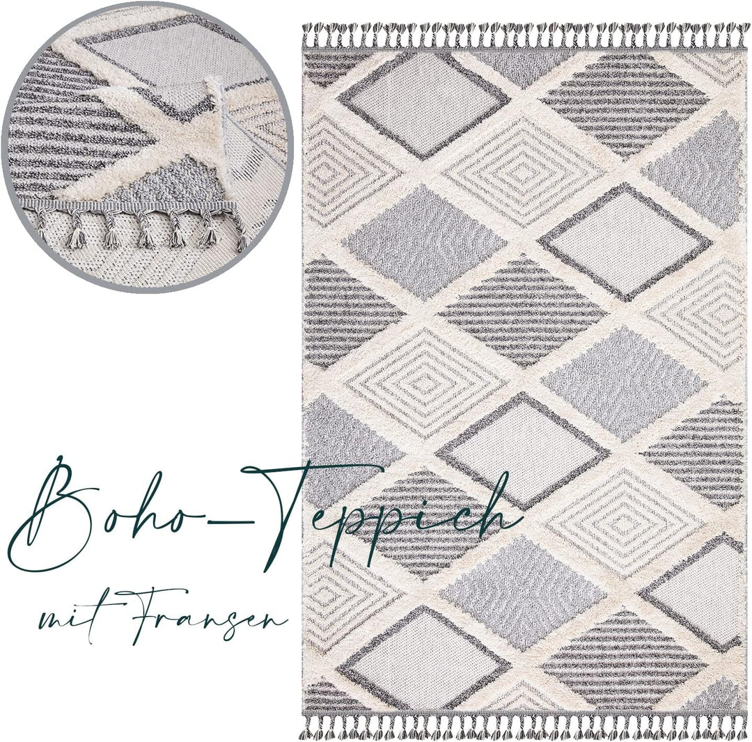 payé Teppich Wohnzimmer - Raute Muster - 160x230cm Creme Grau Blau - Fransen Deko Boho Flauschig - C