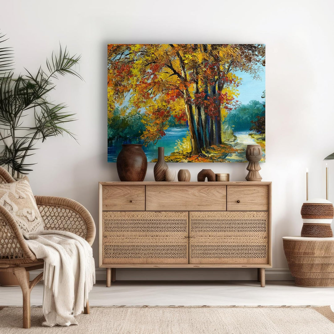 wandmotiv24 Leinwandbild Malerei, 60x45cm, Querformat, Bäume, Weg, Wasser, Deko, Bilder auf Leinwand