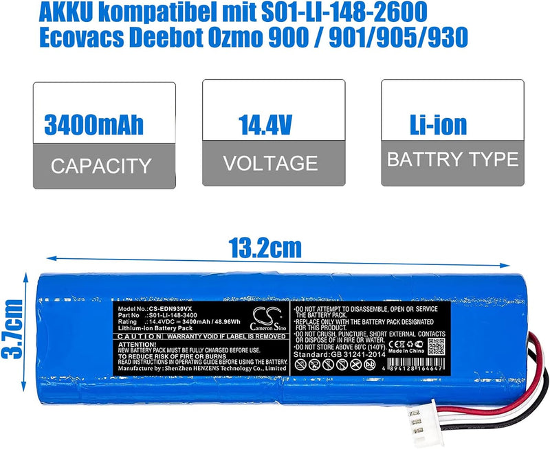 3400mAh / 48.96Wh Ersatzakku, Batterie kompatibel mit Ecovacs Deebot Ozmo 900, Deebot Ozmo 901, Deeb