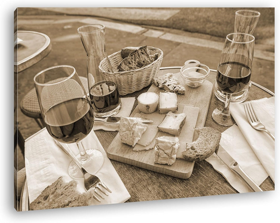 deyoli appetitliches Wein und Käse Buffet Format: 80x60 Effekt: Sepia als Leinwandbild, Motiv fertig