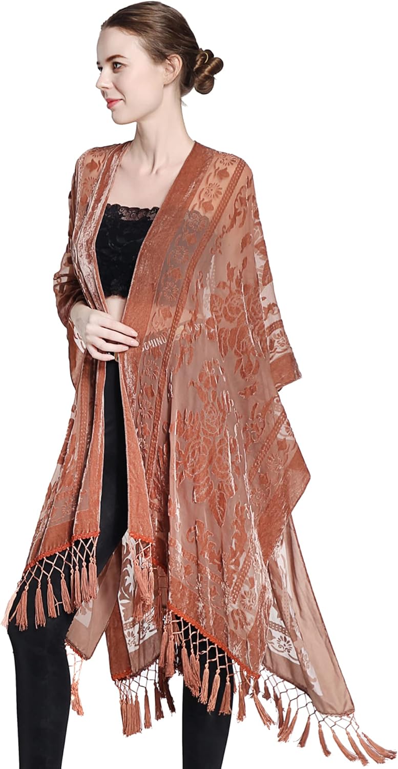 MJ SERECA Damen Burnout Samt Kimono Lange Strickjacke Cover Up Casual Outfit (Herbstblatt), Einheits