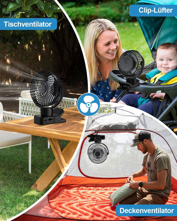 360° Oszillierend Clip Ventilator mit Fernbedienung - 10000mAh Akku USB Tischventilator Tragbarer -