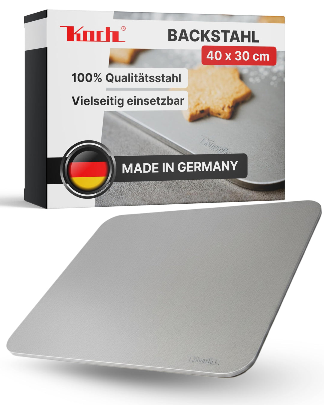 Koch Backstahl - 40 x 30 cm - Massiver Pizzastahl aus 5mm Qualitätsstahl - Für Backofen & Grill - Sc