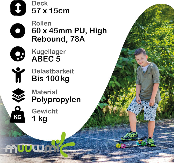 Muuwmi Skateboard Fun - Board Deck 57x15cm - ABEC 5 und PU-Rollen 60x45mm durchsichtig, durchsichtig