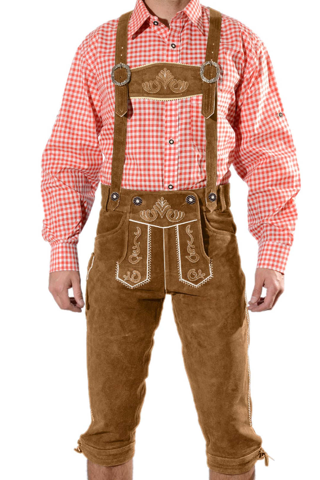 Bayerische Premium Herren Trachten Lederhose, Trachtenlederhose mit Trägern, original in Dunkelbraun
