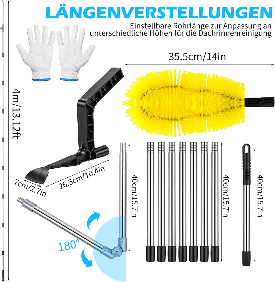 Hysagtek Dachrinnenreiniger - 4M Regenrinnen Reiniger mit Teleskopstiel, Dachrinnenbürste Mit 180° S