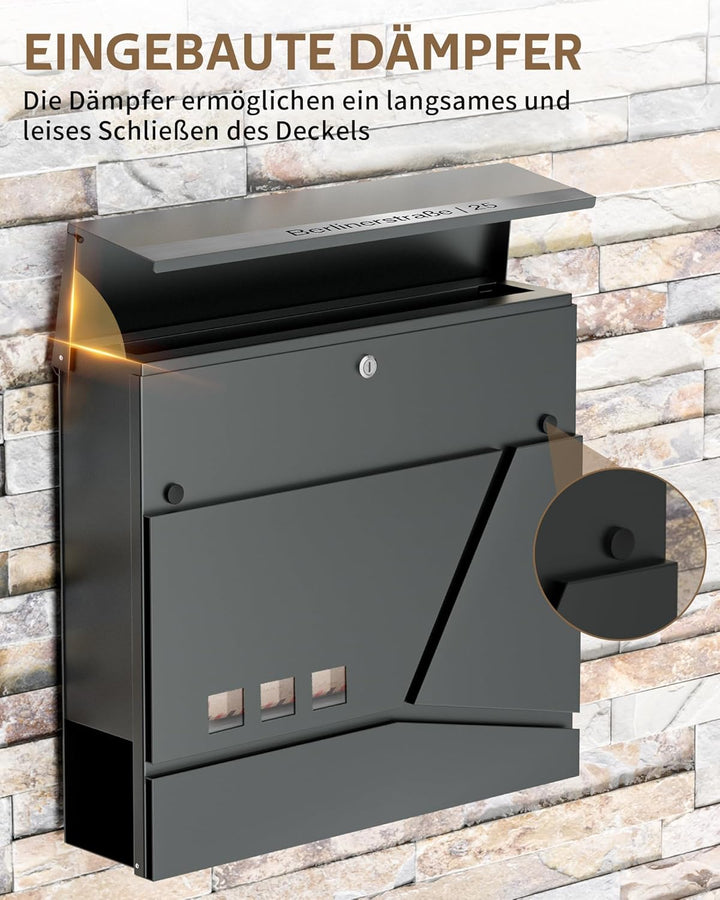 Briefkasten Anthrazit Edelstahl Mit Zeitungsfach, Wetterfest, Aufkleber Gegen Unerwünschte Werbung,