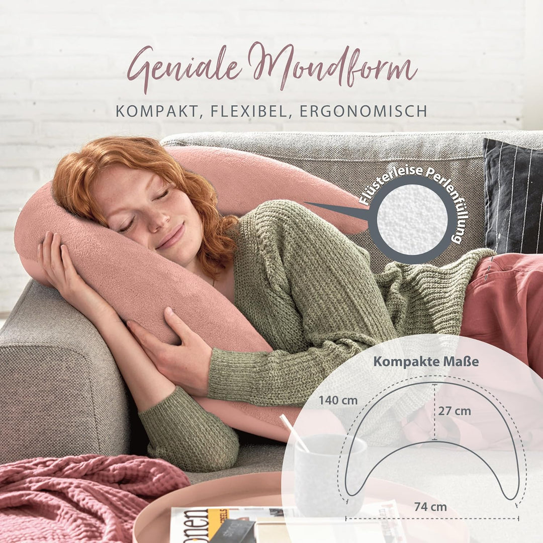 Theraline Plüschmond Stillkissen, Kopfkissen und Nackenkissen mit Perlen, ergonomisches Kissen zum S