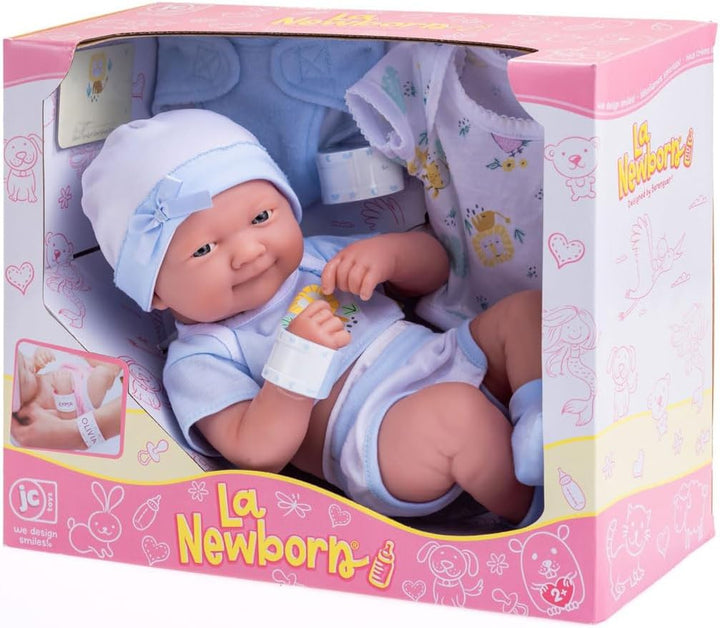 JC TOYS - La Newborn Neugeborene, 38 cm, weiches Vinyl, inkl. Kleidung und 8 Accessoires, Blau, entw