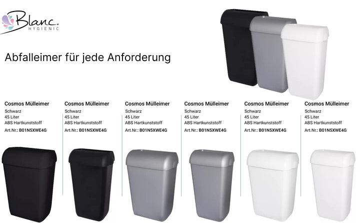 Blanc HYGIENIC Abfallbehälter Premium BIN – Mülleimer mit abnehmbarem Deckel, Abfalleimer 45 Liter,