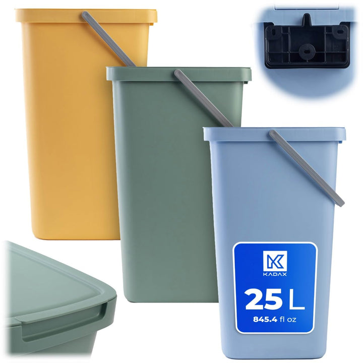 KADAX Abfallbehälter 25L, 3er Set, Abfalleimer aus Plastik mit Deckel und Griff, Mülleimer für Müllt