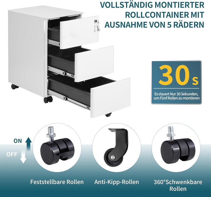LVSTEEL Aktenschrank mit 3 Schubladen und Schloss,Weiss, OFC332W01, Weiß 53,7cm H*30,0 cm W-3 S