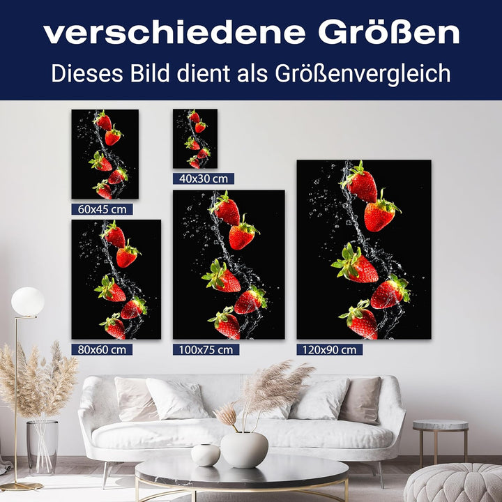 wandmotiv24 Obst & Gemüse als Leinwandbild, 80x60cm, Hochformat, Erdbeeren & Wasser, Küche, Lebensmi