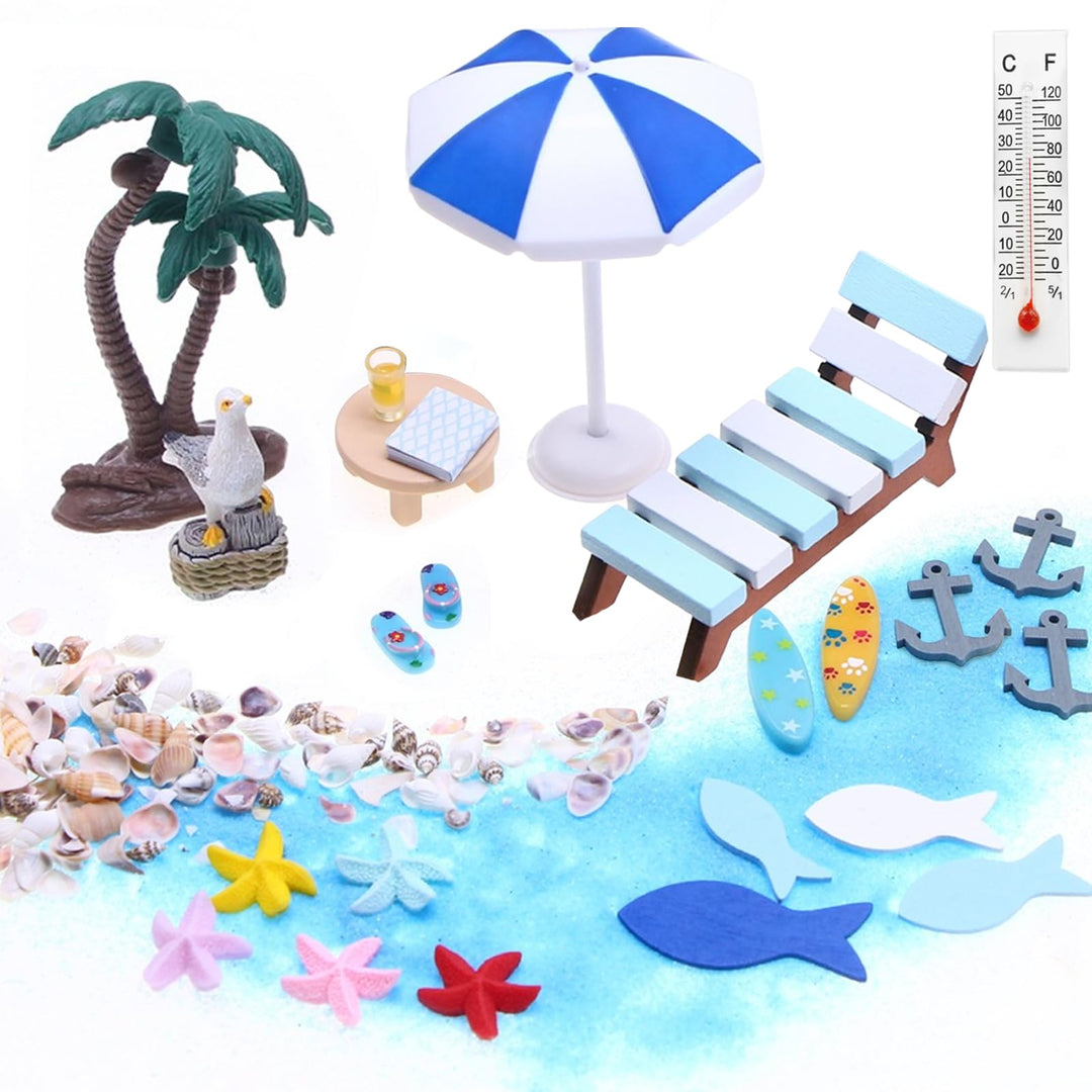 22 Stück Strand Mikrolandschaft, Strand Deko Miniatur Set, Mini Liegestuhl Kleine Tisch Schirm Palme