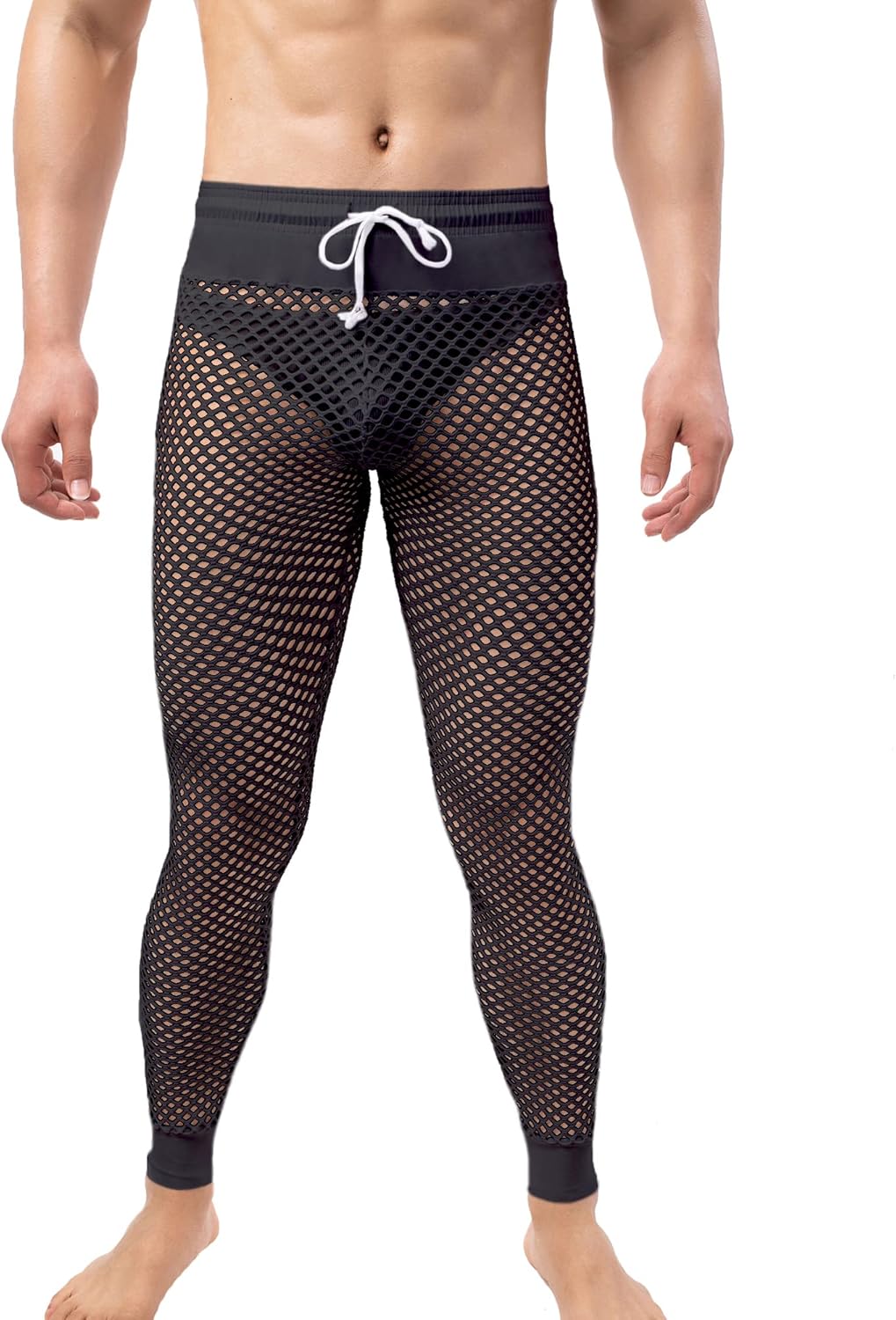 QiaTi Herren Fischnetzhose Mesh durchsichtige Muskelleggings Dehnbare Lange Hose mit Kordelzug M Sch